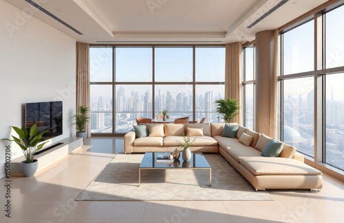 Luxury living room interior Dubai. Spacious apartment with panoramic city views. Beige sofa, coffee table. Modern, stylish design. Perfect for real estate marketing or interior design inspiration. photo