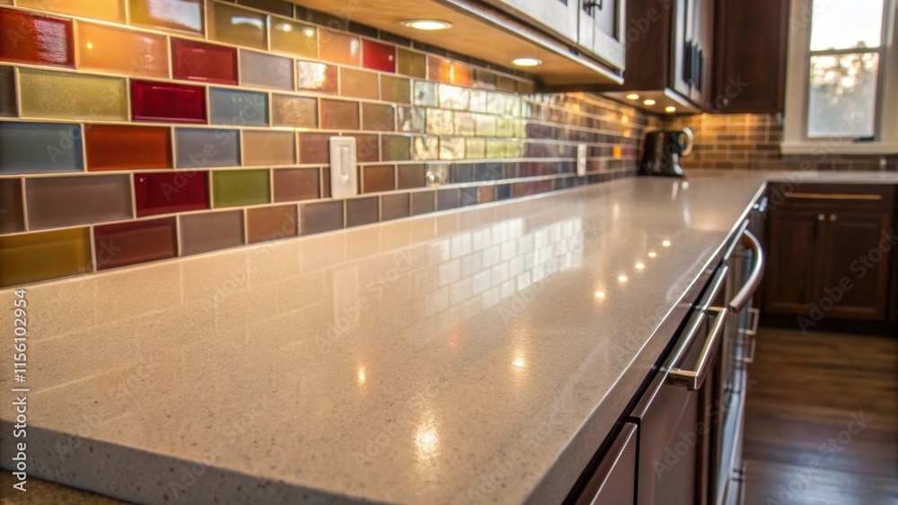 The cool surface of a quartz kitchen counter glimmering in a sunbeam adjacent to a collection of richly colored tiles poised to become a statement backsplash. The cool surface of a quartz kitchen counter glimmering in a sunbeam adjacent to a collection of richly colored tiles poised to become a statement backsplash.