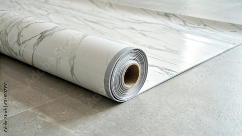 The corner of a vinyl flooring roll elegantly unrolling over a pristine lightcolored concrete floor capturing a modern marblelike pattern with s of delicate silver. photo