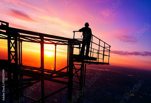 A silhouetted worker on skyscraper scaffolding at sunset with a cityscape backdrop. photo