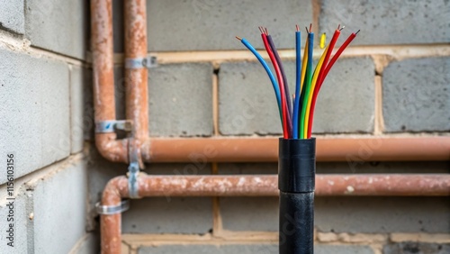 The camera focuses on a of insulated wires their bright hues standing out against a backdrop of exposed cinderblock and ruststreaked piping.
