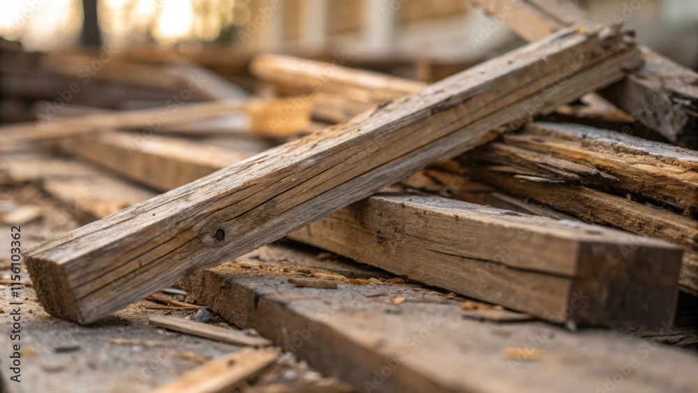 Splintered wooden beams lying askew their surfaces marred by age and wear with splinters jutting out dangerously. Splintered wooden beams lying askew their surfaces marred by age and wear with splinters jutting out dangerously.