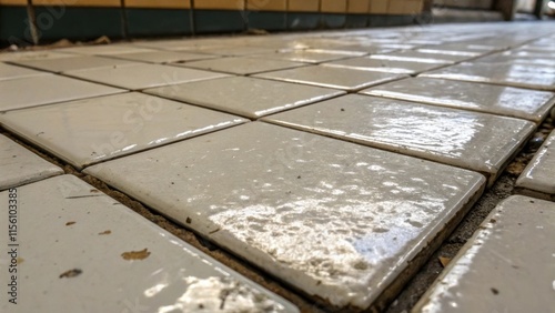 Shiny smooth edges of freshly discarded porcelain tiles reflect dim light emphasizing the wear and tear of their oncepolished exterior now covered in bits of plaster. photo