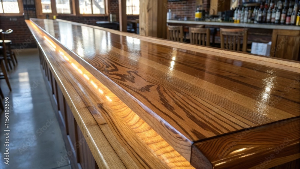 Glints of sunlight reflect off the newly lacquered wood of the bar top while the lower beams remain untouched revealing the duality of progress and unfinished work. Glints of sunlight reflect off the newly lacquered wood of the bar top while the lower beams remain untouched revealing the duality of progress and unfinished work.