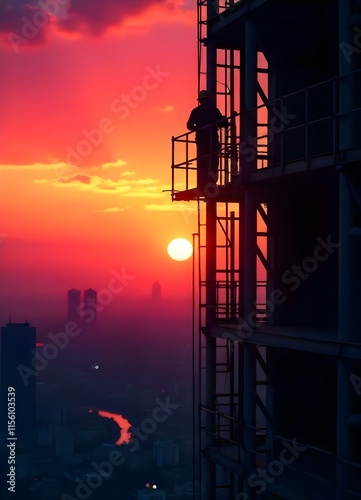 A silhouetted worker on skyscraper scaffolding at sunset with a cityscape backdrop. photo