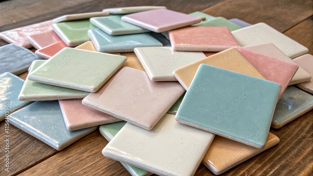 Collection of square mosaic tiles in soft pastels each piece slightly different creating a serene palette stacked in a chaotic yet harmonious manner on a wooden table.