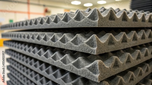 Closeup view of unevenly stacked foam panels showcasing the unique indentations and grooves which speak to their soundabsorbing capabilities. photo