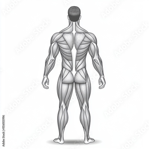 Anatomical illustration of a male figure showcasing detailed muscle structure from a rear view.