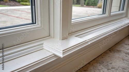 Closeup of the mitred joints at the corners of the window trim perfectly aligned and seamless exemplifying craftsmanship and attention to detail in the renovation process.