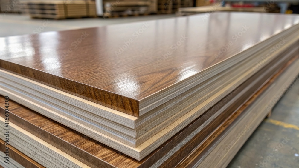 Closeup of a single laminate board resting on top of the stack showcasing its slightly beveled edges and a glossy finish that reflects the overhead lighting. Closeup of a single laminate board resting on top of the stack showcasing its slightly beveled edges and a glossy finish that reflects the overhead lighting.