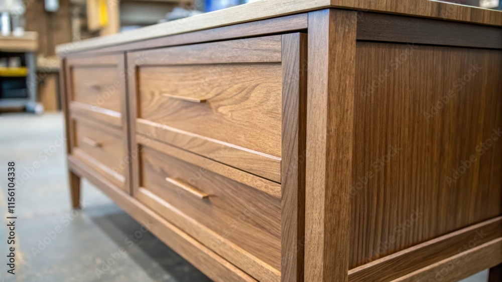Closeup of a lower cabinet frame with a slightly darker wood finish showcasing the smooth surface angular edges and the promise of ample storage just waiting for drawer fronts. Closeup of a lower cabinet frame with a slightly darker wood finish showcasing the smooth surface angular edges and the promise of ample storage just waiting for drawer fronts.