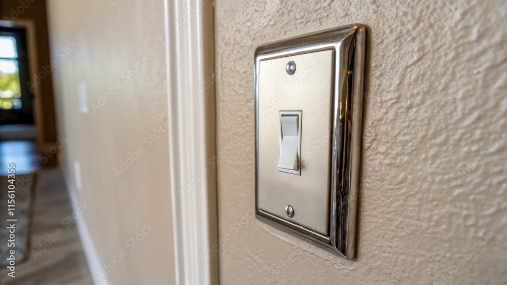 Closeup of a light switch plate installed flush against a newlypainted wall the gleaming surface framed by the texture of the surrounding plaster. Closeup of a light switch plate installed flush against a newlypainted wall the gleaming surface framed by the texture of the surrounding plaster.