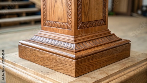 A zoomedin shot of a newel post base displaying its sy construction and the complex patterns of the wood grain while revealing the marks left by the initial ting.