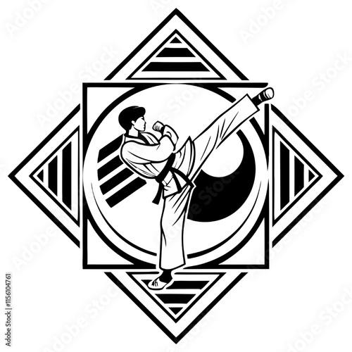 Taekwondo Master: A powerful black and white illustration captures the dynamic energy of a Taekwondo practitioner executing a high kick. The image is framed by intricate geometric patterns.