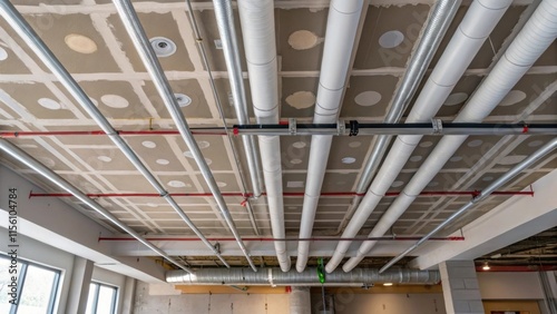 A view of the ceiling shows s of neatly arranged pipes and ducts with patches of incomplete drywall visible embodying the early stages of renovation with traces of potential. photo