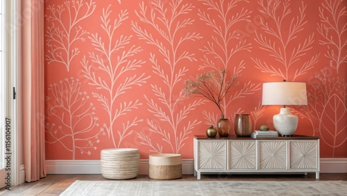 A vibrant coral accent wall featuring delicate brushstrokes that highlight the craftsmanship accompanied by modern decor elements arranged in front of it. photo