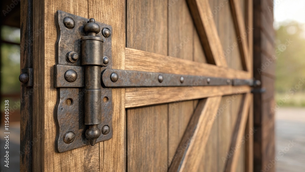 A tight focus on the latch mechanism displaying the robust materials and rustic finish that complements the barnstyle theme of the door. A tight focus on the latch mechanism displaying the robust materials and rustic finish that complements the barnstyle theme of the door.