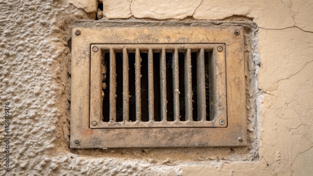 A thorough view of an old heating vent embedded in the wall its metal grill dusty and tarnished surrounded by fresh work marks on the surrounding wall. A thorough view of an old heating vent embedded in the wall its metal grill dusty and tarnished surrounded by fresh work marks on the surrounding wall.