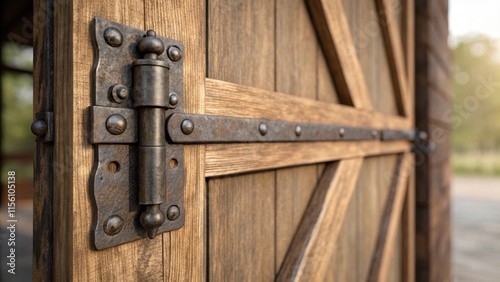 A tight focus on the latch mechanism displaying the robust materials and rustic finish that complements the barnstyle theme of the door.