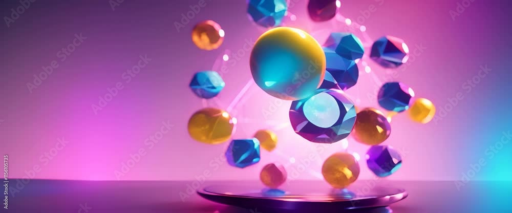 Floating geometric vitamins and minerals gently spinning each glowing with a different color to symbolize nutritional wellness 4K