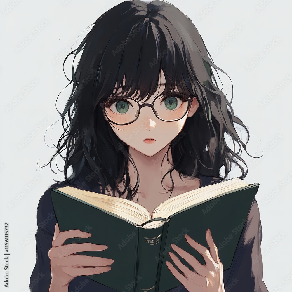 Shy anime girl with glasses holding a book white background Shy anime girl with glasses holding a book white background