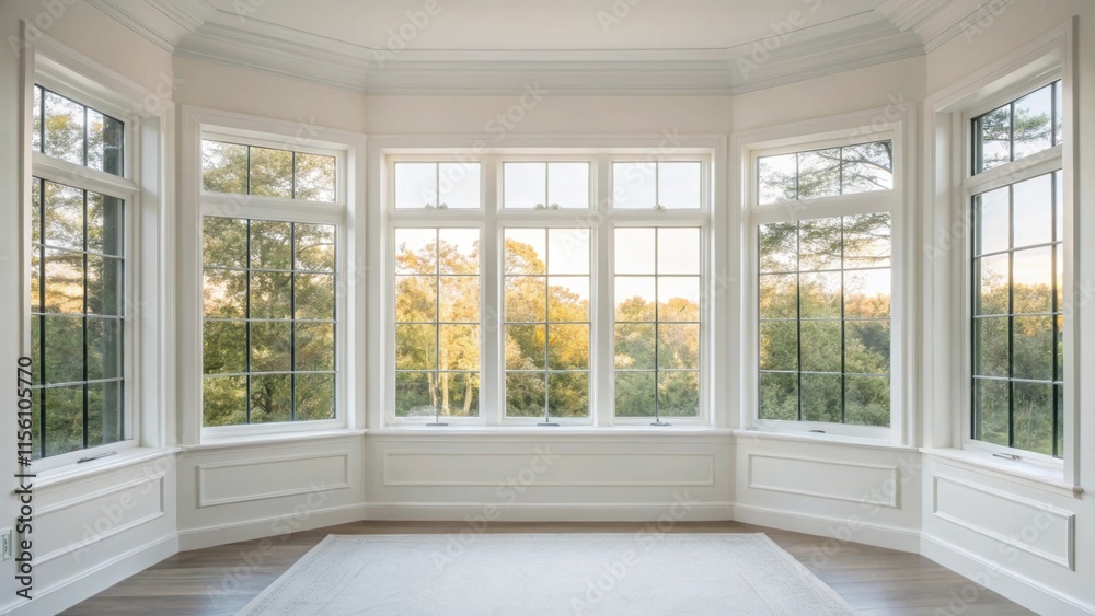 A serene space flooded with natural light revealing the pristine facade of new windows that frame a flawless view of the outside world. A serene space flooded with natural light revealing the pristine facade of new windows that frame a flawless view of the outside world.