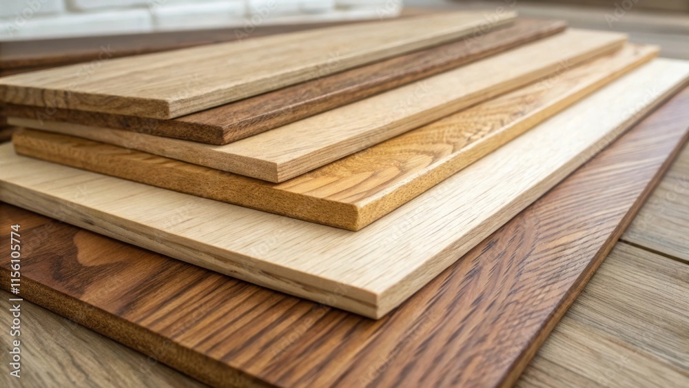 A series of interlocking wooden planks stacked haphazardly their smooth sanded surfaces reflecting soft ambient light highlighting the varying shades of brown and cream. A series of interlocking wooden planks stacked haphazardly their smooth sanded surfaces reflecting soft ambient light highlighting the varying shades of brown and cream.