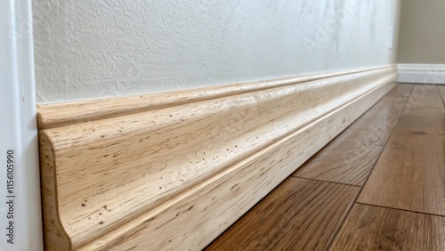 A raw wood baseboard yet to be painted shows its natural imperfections against a smooth white wall highlighting the contrast between unfinished and refined elements.