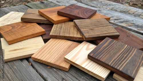 A of wooden remnants with contrasting shades from cedar to pine lie piled together their shapes and sizes creating an intriguing visual rhythm.