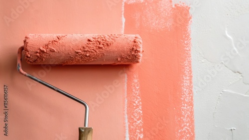 A painters roller covered in a thick layer of light coral paint resting against the wall where the vibrant color drapes over the previously dull surface.