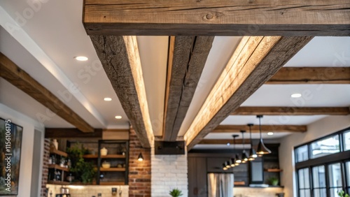 An upward viewpoint capturing a beam slightly askew with the insulation neatly trimmed around it embodying a blend of rustic and contemporary design. photo