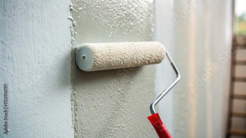 An upclose view of a wall with newly applied primer revealing the slight sheen of the wet paint and the tool marks from a roller creating a sense of anticipation for the final