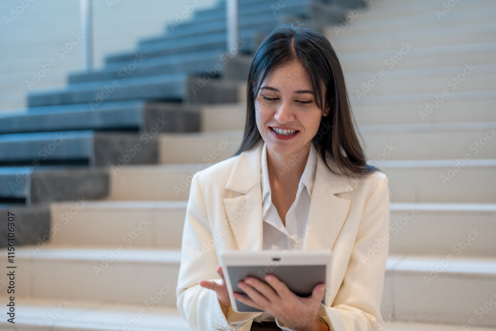 Obraz premium woman in white blazer smiles while using tablet on stairs, showcasing professional and relaxed atmosphere. Her engagement with technology reflects modern work culture