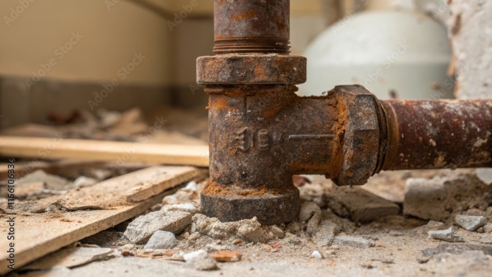 An upclose look at a rusty pipe junction surrounded by dust and fragments of drywall evoking a nostalgic feeling of a kitchen in transition waiting for its revitalization. An upclose look at a rusty pipe junction surrounded by dust and fragments of drywall evoking a nostalgic feeling of a kitchen in transition waiting for its revitalization.