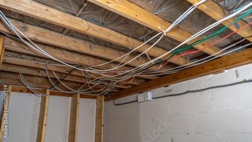 An unfinished corner shows a tangle of electrical wires strung across the ceiling joists with glimmers of insulation peeking through creating a contrast of texture and color. photo