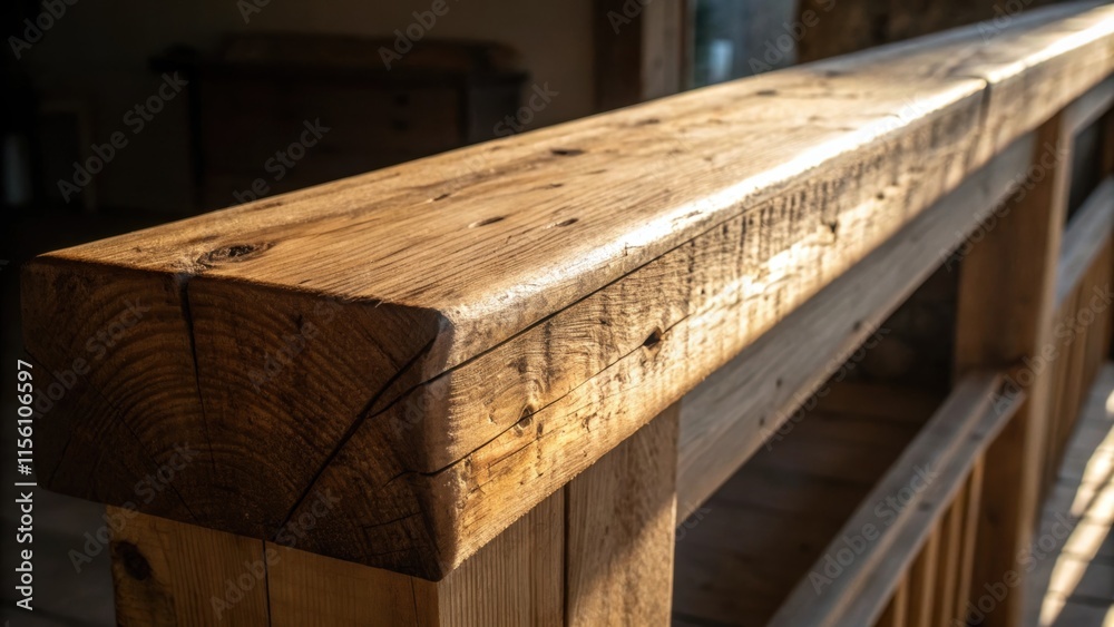 An intimate view of a beams edge where light and shadow interplay displaying the raw finish and the rustic quality synonymous with unfinished wood. An intimate view of a beams edge where light and shadow interplay displaying the raw finish and the rustic quality synonymous with unfinished wood.