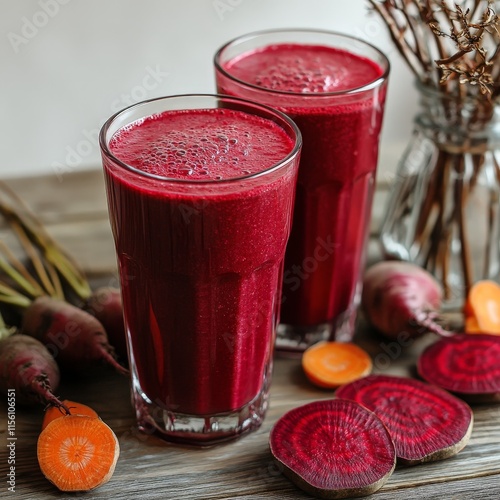 Fresh Beet and Carrot Juice on Rustic Wooden Table photo