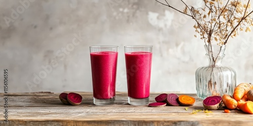 Fresh Beet and Carrot Juice on Rustic Wooden Table photo