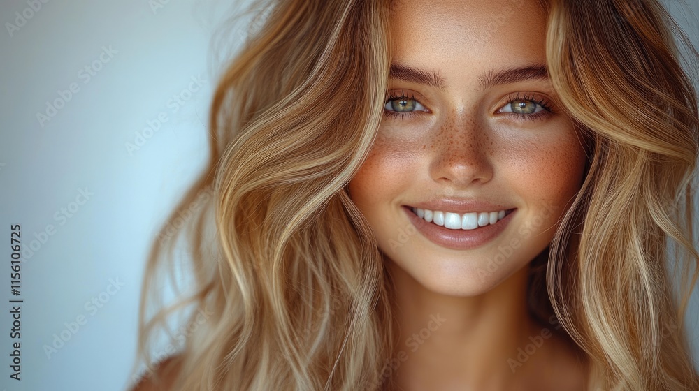 Blonde Model Smiling with Perfect White Teeth and Freckles Showing Dental Hygiene Blonde Model Smiling with Perfect White Teeth and Freckles Showing Dental Hygiene