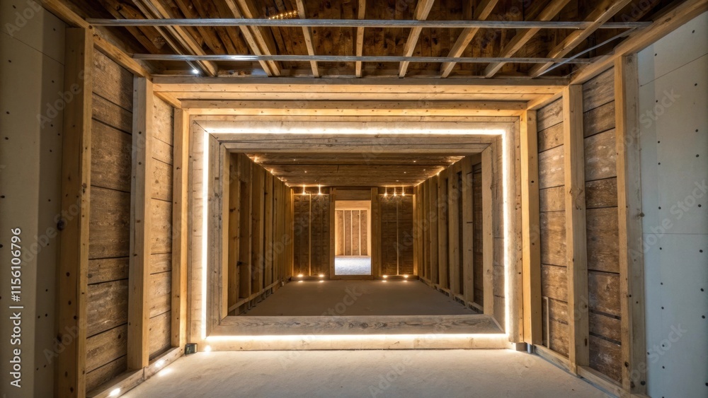 An image of the rough opening from an angle showcasing the dimensionality created by the overlapping layers of drywall and wooden studs with the light creating a halo effect around An image of the rough opening from an angle showcasing the dimensionality created by the overlapping layers of drywall and wooden studs with the light creating a halo effect around