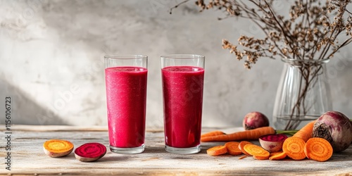 Fresh Beet and Carrot Juice on Rustic Wooden Table photo