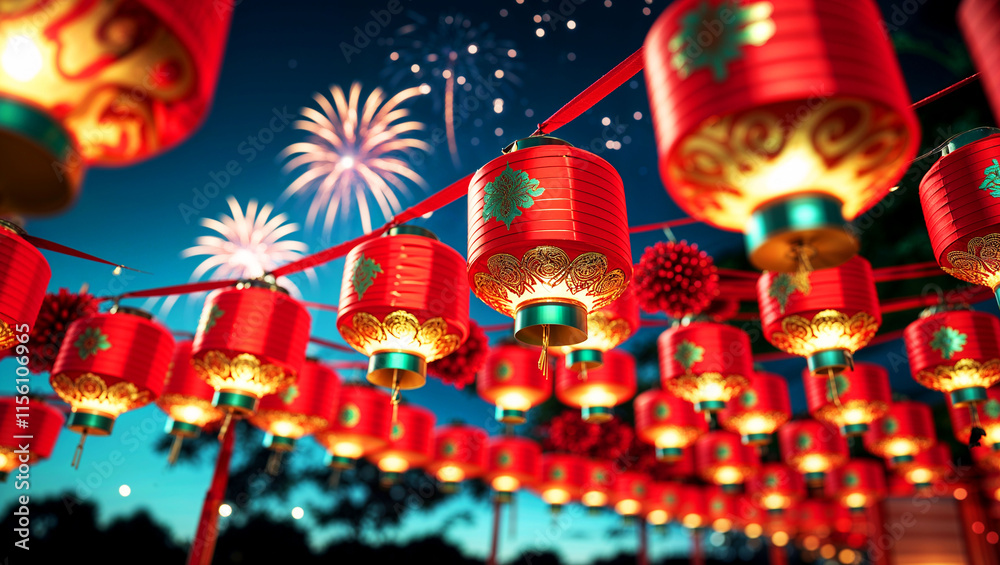 A vibrant scene of red lanterns glowing against a night sky filled with fireworks, celebrating the Chinese New Year. A vibrant scene of red lanterns glowing against a night sky filled with fireworks, celebrating the Chinese New Year.