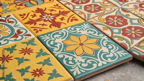 An assortment of vintageinspired encaustic tiles featuring bold repetitive patterns in shades of yellow teal and terracotta creating visual contrast in a playful arrangement. photo