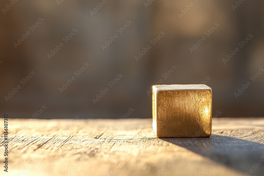 Golden Cube Rests On Weathered Wooden Surface Golden Cube Rests On Weathered Wooden Surface