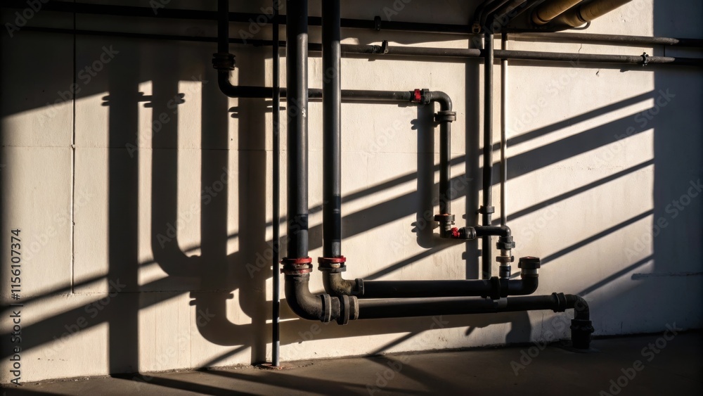 An angle shot revealing the shadowy outlines of installed plumbing against starkly lit areas creating an abstract interplay of light and shadows. An angle shot revealing the shadowy outlines of installed plumbing against starkly lit areas creating an abstract interplay of light and shadows.