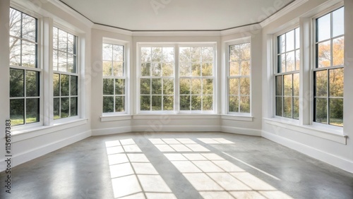 An angle highlighting the edges of newly installed doublepane windows illuminating the generous room with natural light and casting delicate shadows on the painted cement floor. photo