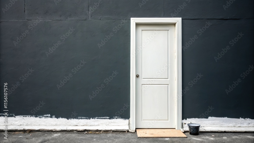 Fototapeta premium A minimalist design featuring a clean white door leaning lightly against a bold charcoal gray wall with a small patch of fresh paint visible at the base where the wall meets the