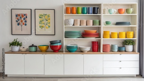 Wallpaper Mural A modern cabinetry setup filled with colorful ceramic dishes and minimalist artwork the clean lines of the shelves emphasizing the vibrant hues against a neutral wall. Torontodigital.ca