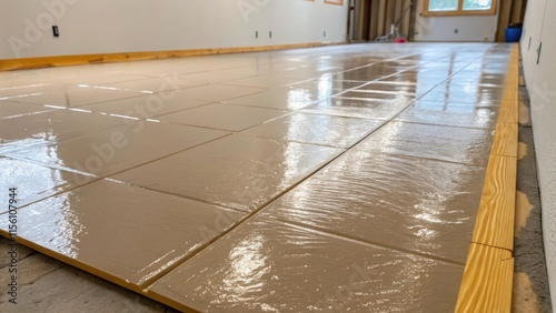 A layer of adhesive spread evenly across the subfloor its glossy surface indicating readiness for the first parquet tile to be set down. photo