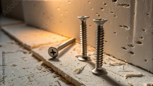 A hyperdetailed image that focuses on a grouping of screws within a section of drywall where the lighting highlights the subtle shadows and textures of the surrounding paper. photo